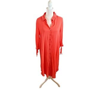 Mlle Gabrielle 1X Coral Longsleeve Textured Lined Shirtdress Midi